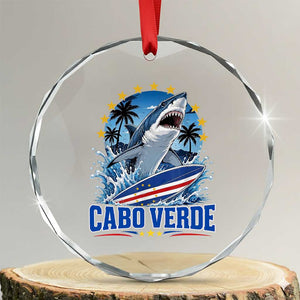 Cabo Verde Surfing Blue Shark Surfboard Crystal Glass Ornament Cape Verde Flag Tropical Ocean Wave TS02 Transparent Glass 3'' Circle Print Your Wear