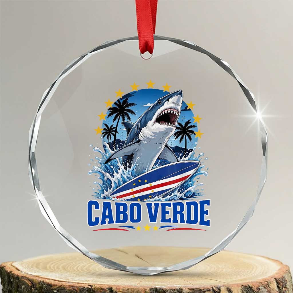 Cabo Verde Surfing Blue Shark Surfboard Crystal Glass Ornament Cape Verde Flag Tropical Ocean Wave TS02 Transparent Glass 3'' Circle Print Your Wear