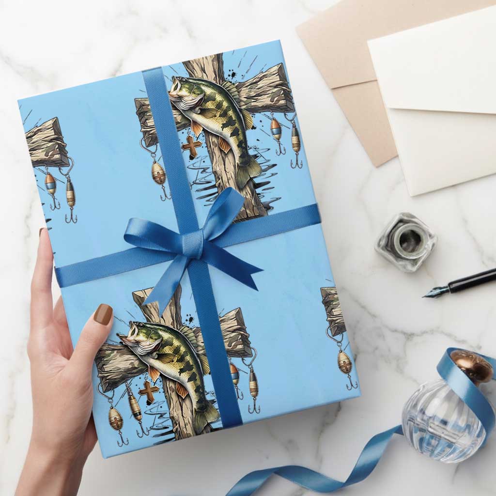 Camo Jesus Cross Fishing Wrapping Paper Roll Faith Family Fishing Fathers Day TS12 Light Blue Print Your Wear