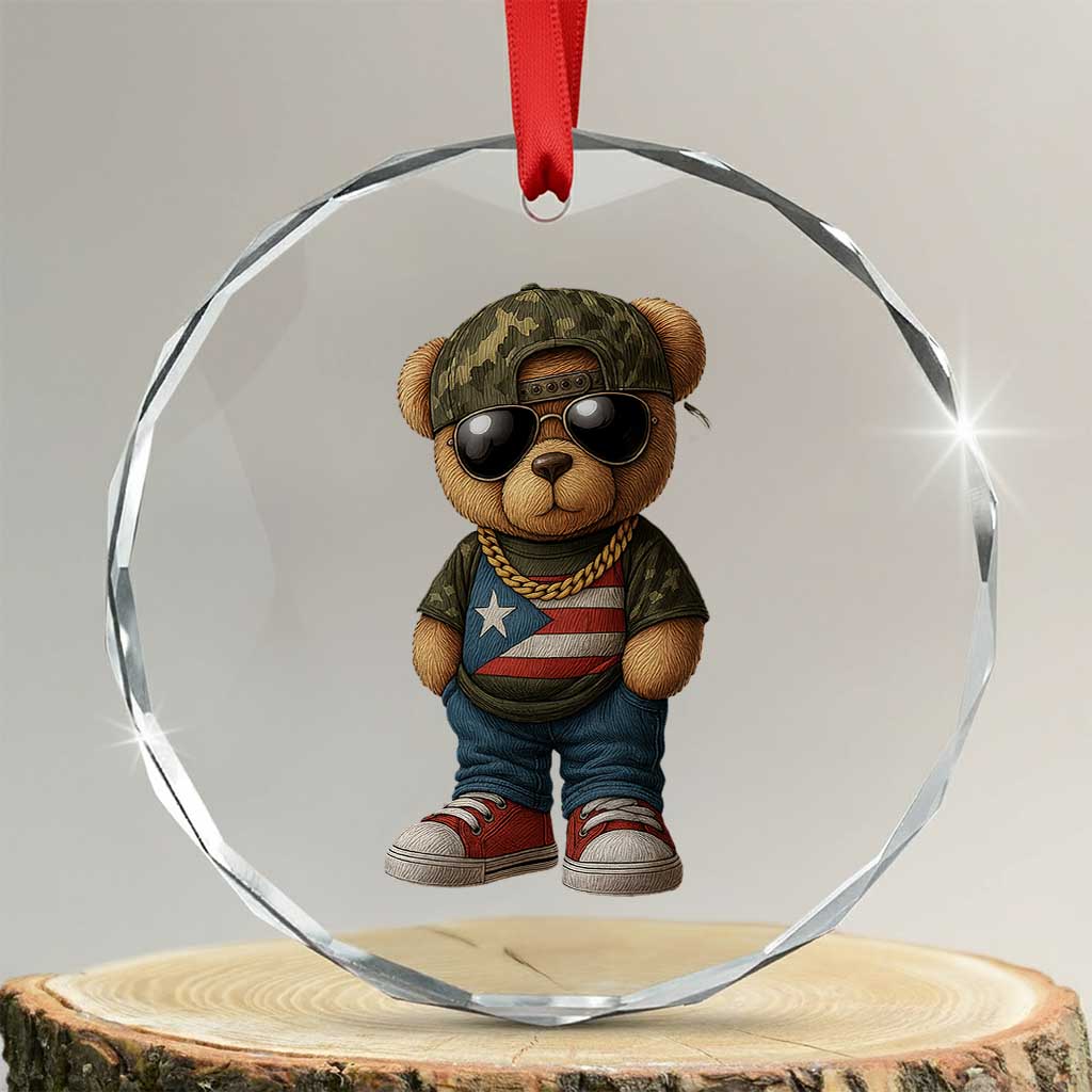 Camo Teddy Bear Puerto Rico Flag Crystal Glass Ornament Camouflage Rican Boricua - Print Your Wear