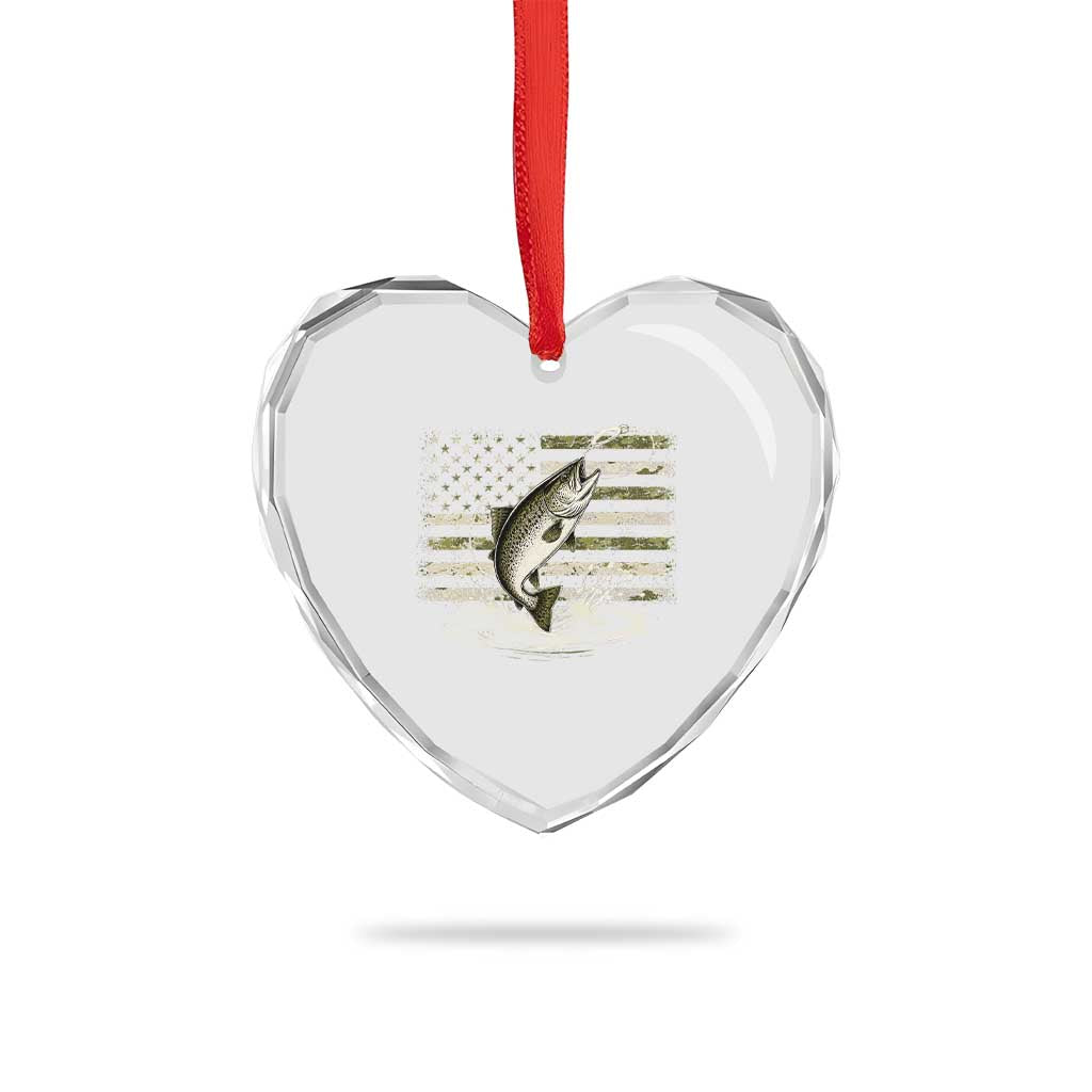 Camouflage American Flag Trout Fishing Heart Crystal Glass Ornament Patriotic Saltwater Angler Gift Sea Fishing Lovers