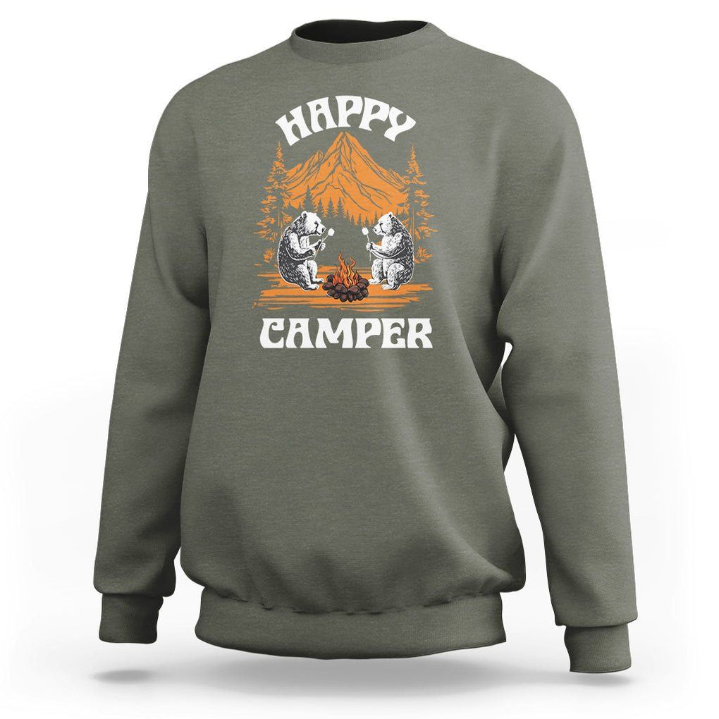 Camping Sweatshirt Happy Camper Funny Bear Campfire TS09 Military Green Printyourwear