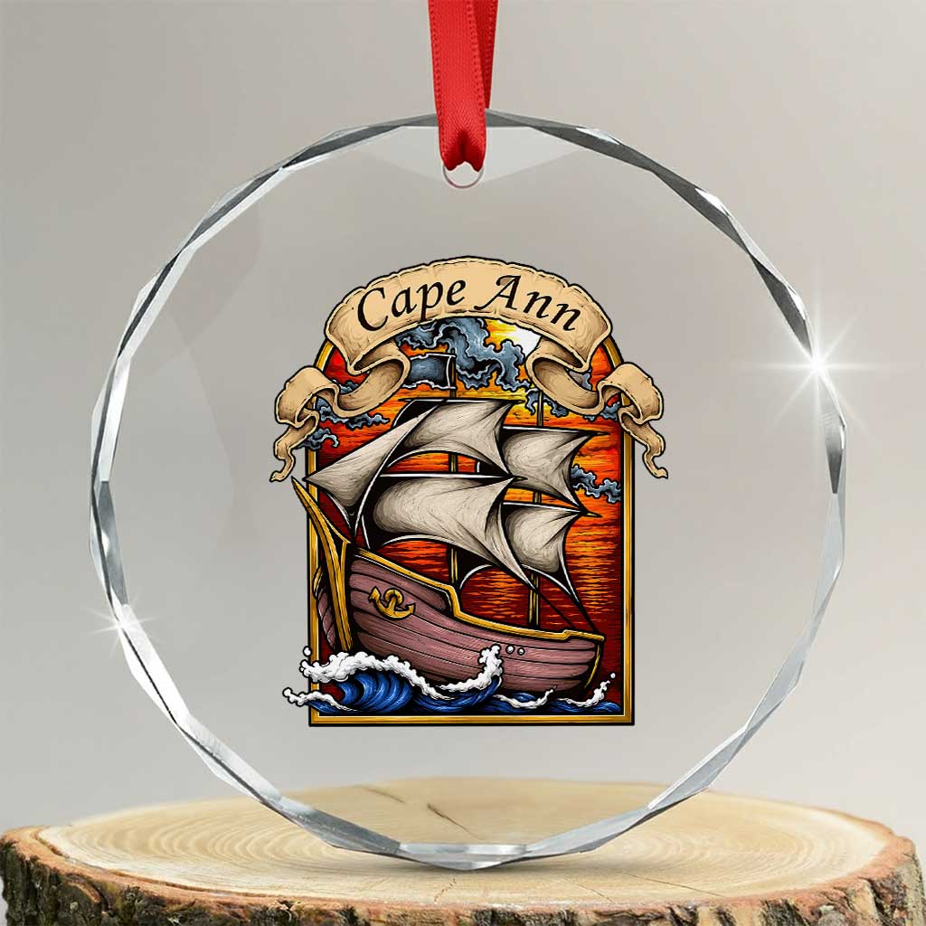 Cape Ann Vintage Nautical Sailing Ship Graphic Crystal Glass Ornament Retro Stained Glass Window Style Ocean Sunset Tall Ship TS02 Transparent Glass 3'' Circle Print Your Wear