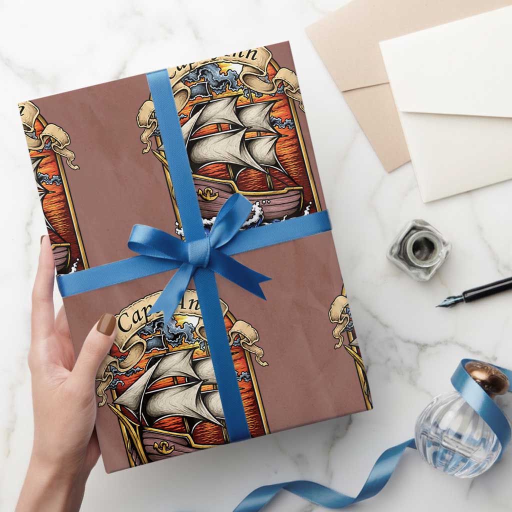 Cape Ann Vintage Nautical Sailing Ship Graphic Wrapping Paper Roll Retro Stained Glass Window Style Ocean Sunset Tall Ship