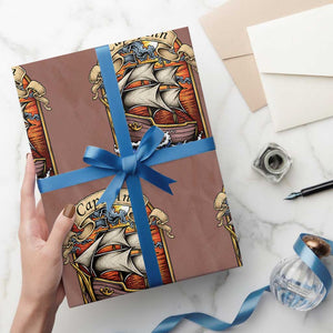 Cape Ann Vintage Nautical Sailing Ship Graphic Wrapping Paper Roll Retro Stained Glass Window Style Ocean Sunset Tall Ship