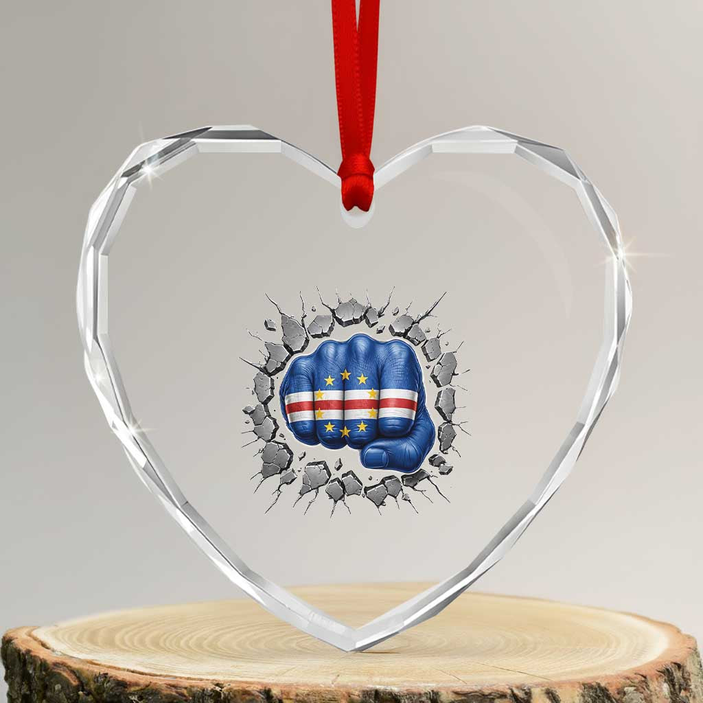 Cape Verde Flag Fist Power Stone Wall Break Graphic Heart Crystal Glass Ornament Cabo Verde Strong Roots National Pride TS02 Transparent Glass 3'' Heart Print Your Wear