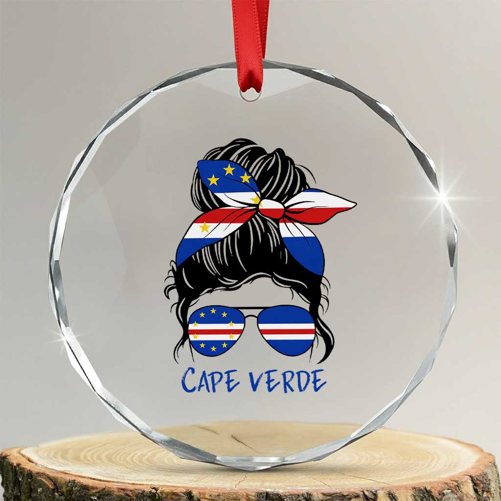 Cape Verde Messy Bun Girl Flag Sunglasses Graphic Crystal Glass Ornament Cabo Verde Women National Pride Gift TS02 Transparent Glass 3'' Circle Print Your Wear