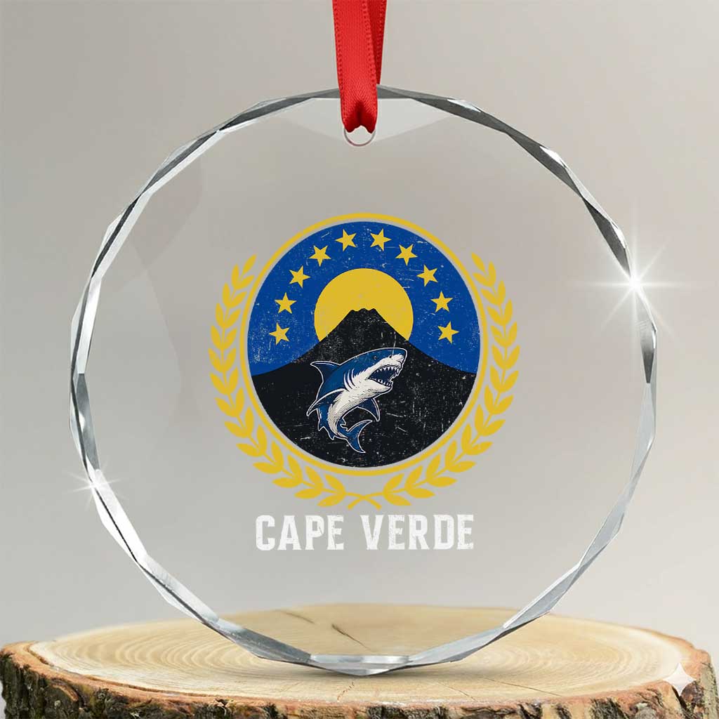 Cape Verde Volcano Blue Sharks Gold Laurel Crest Graphic Crystal Glass Ornament Retro Cabo Verde Heritage Pride TS02 Transparent Glass 3'' Circle Print Your Wear