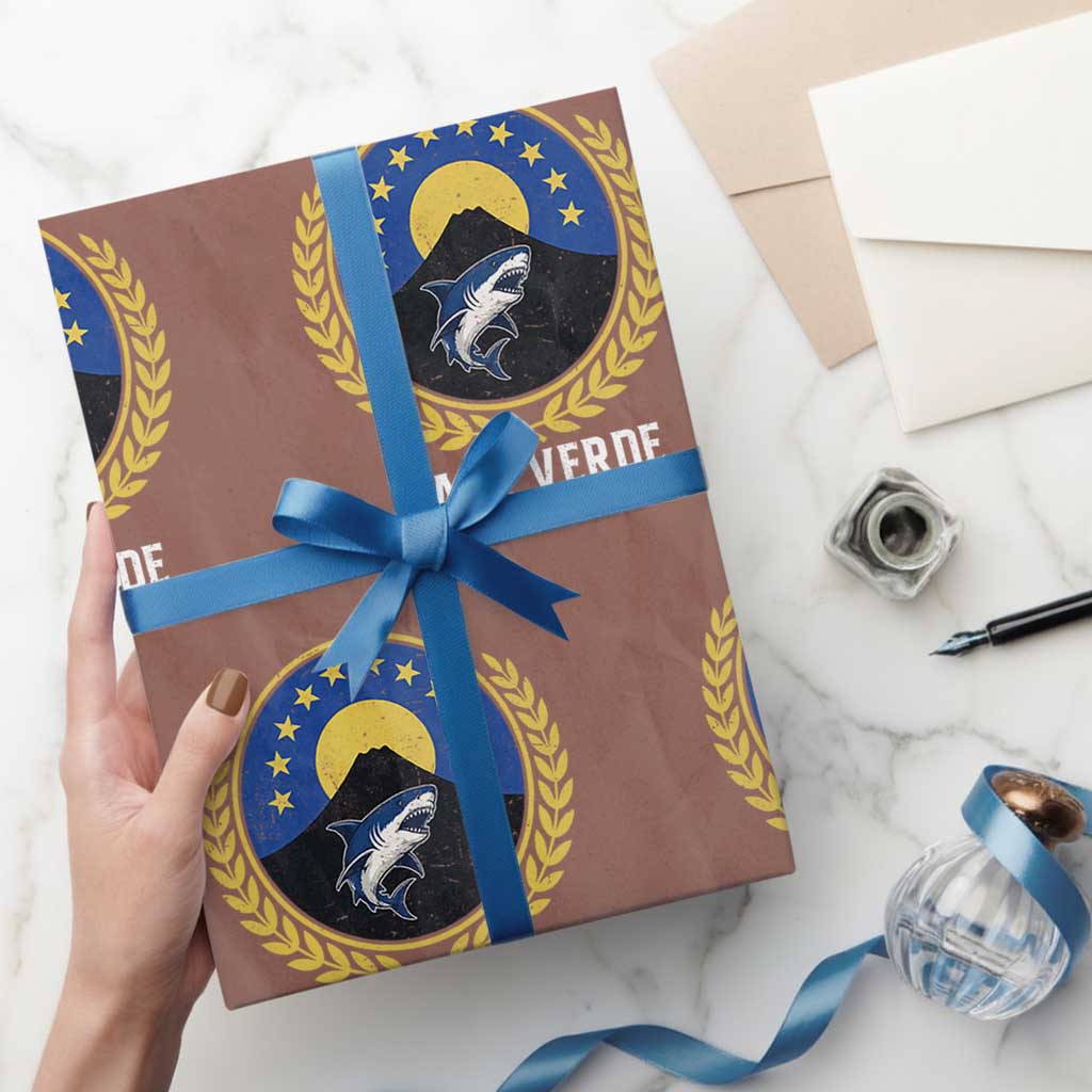 Cape Verde Volcano Blue Sharks Gold Laurel Crest Graphic Wrapping Paper Roll Retro Cabo Verde Heritage Pride TS02 Mocha Print Your Wear
