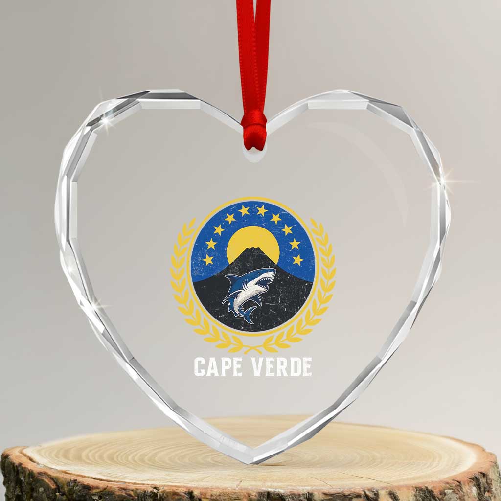 Cape Verde Volcano Blue Sharks Gold Laurel Crest Graphic Heart Crystal Glass Ornament Retro Cabo Verde Heritage Pride TS02 Transparent Glass 3'' Heart Print Your Wear