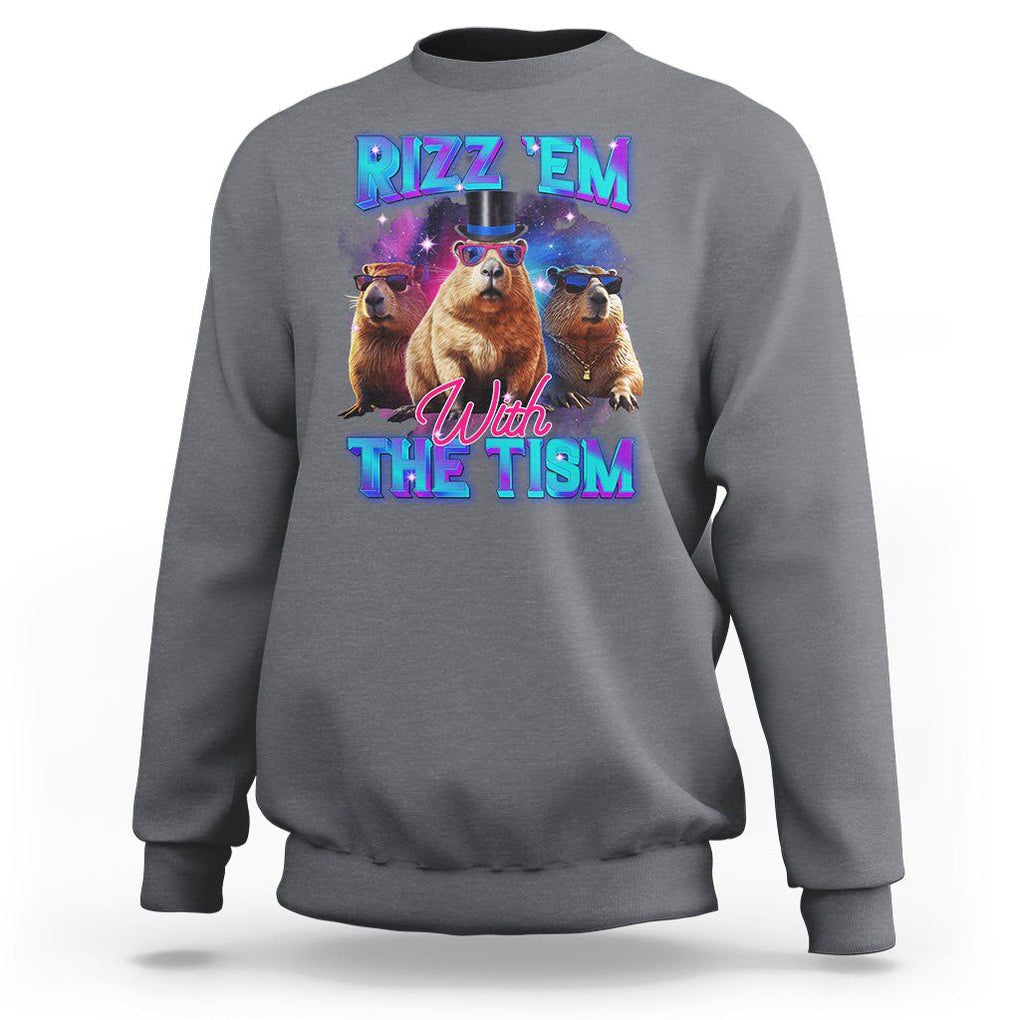 Capybara Lover Sweatshirt Rizz Em With The Tism Funny Capy Meme TS09 Charcoal Print Your Wear