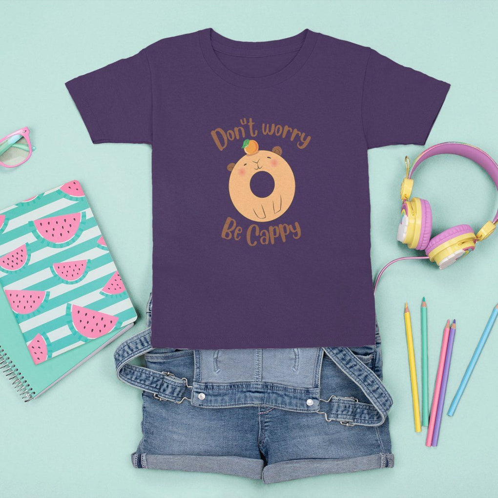 Capybara Lover T Shirt For Kid Don't Worry Be Cappy Funny Cute Donut Lover TS09 Purple Print Your Wear