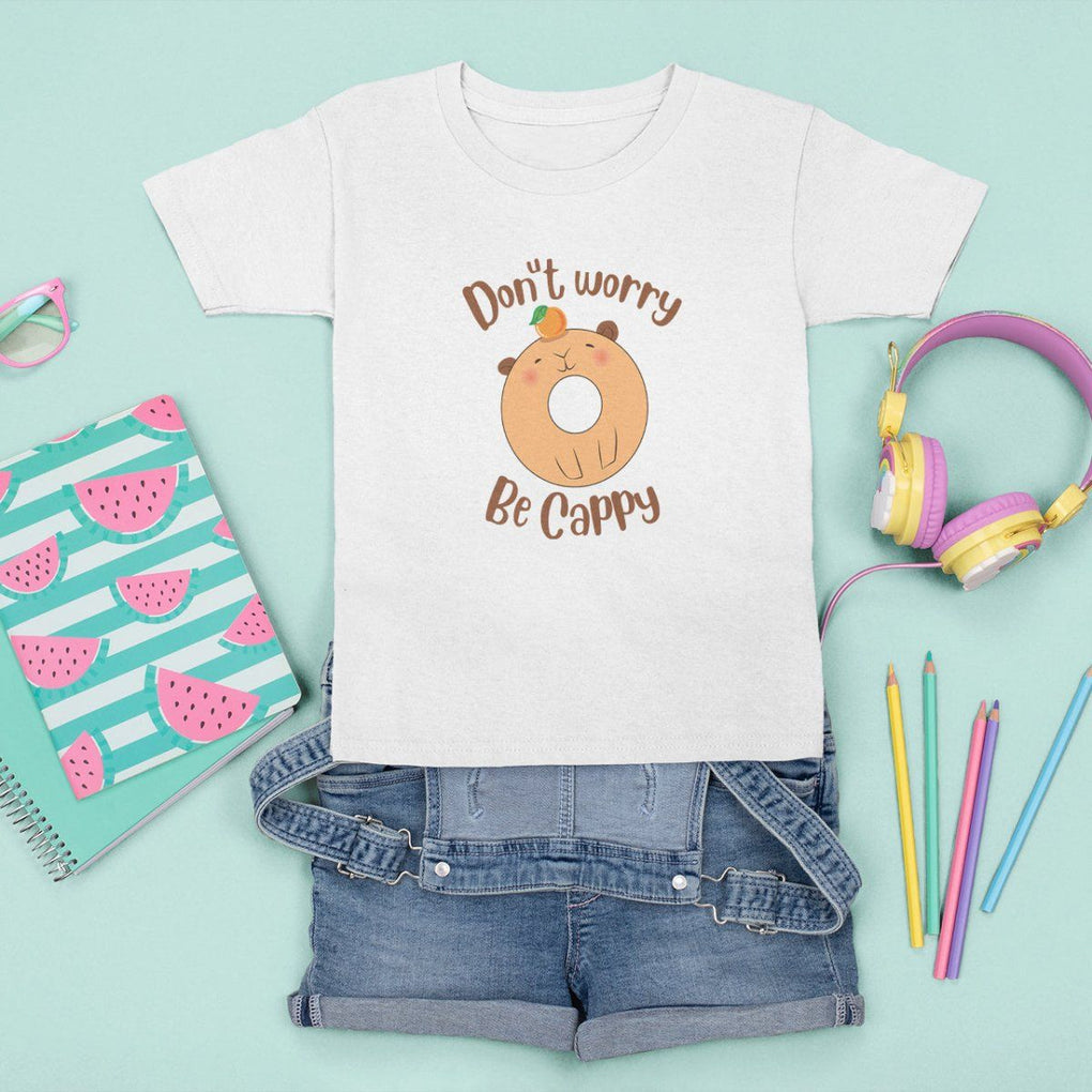 Capybara Lover T Shirt For Kid Don't Worry Be Cappy Funny Cute Donut Lover TS09 White Print Your Wear