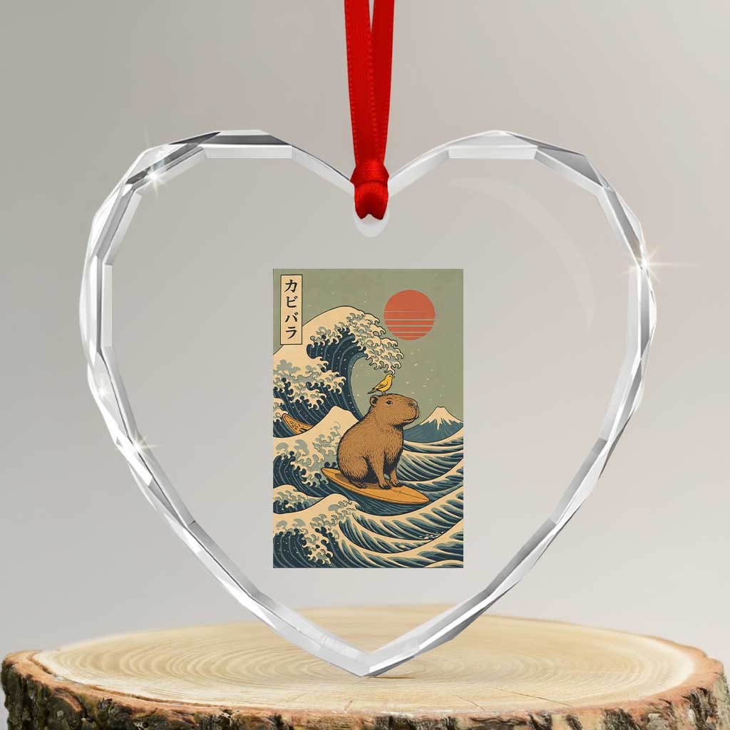 Capybara Surfing Japanese Heart Crystal Glass Ornament Vintage Great Wave Off Kanagawa Anime Kawaii TS10 Transparent Glass 3'' Heart Print Your Wear