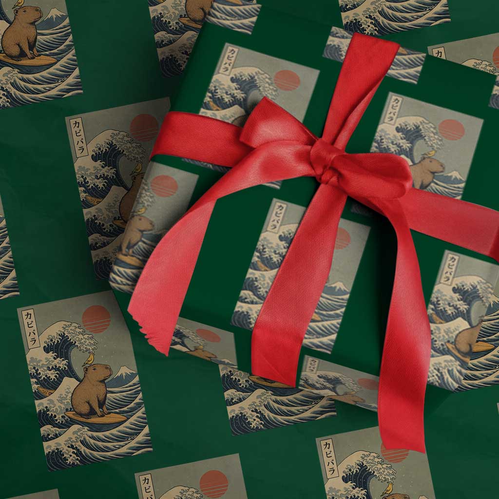 Capybara Surfing Japanese Wrapping Paper Roll Vintage Great Wave Off Kanagawa Anime Kawaii TS10 Green Print Your Wear