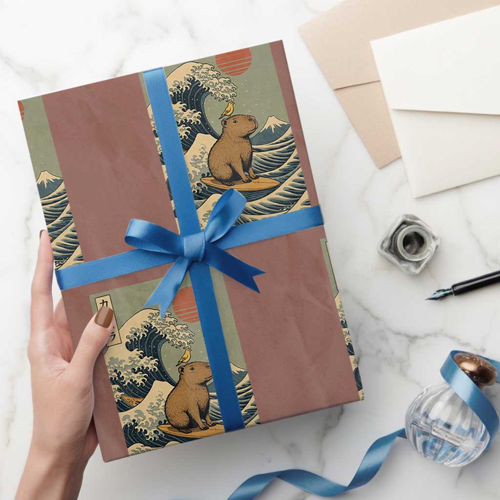 Capybara Surfing Japanese Wrapping Paper Roll Vintage Great Wave Off Kanagawa Anime Kawaii TS10 Mocha Print Your Wear