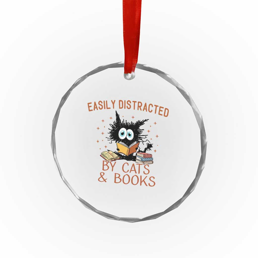 Cat and Book Lover Crystal Glass Ornament Easily Distracted By Cats And Books Funny Black Cat Meme TS02 Print Your Wear