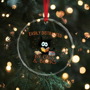 Cat and Book Lover Crystal Glass Ornament Easily Distracted By Cats And Books Funny Black Cat Meme - Print Your Wear