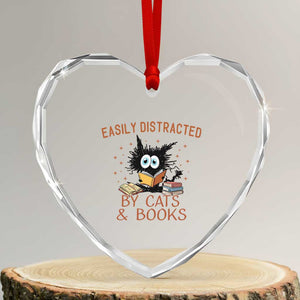 Cat and Book Lover Heart Crystal Glass Ornament Easily Distracted By Cats And Books Funny Black Cat Meme TS02 Transparent Glass 3'' Heart Print Your Wear