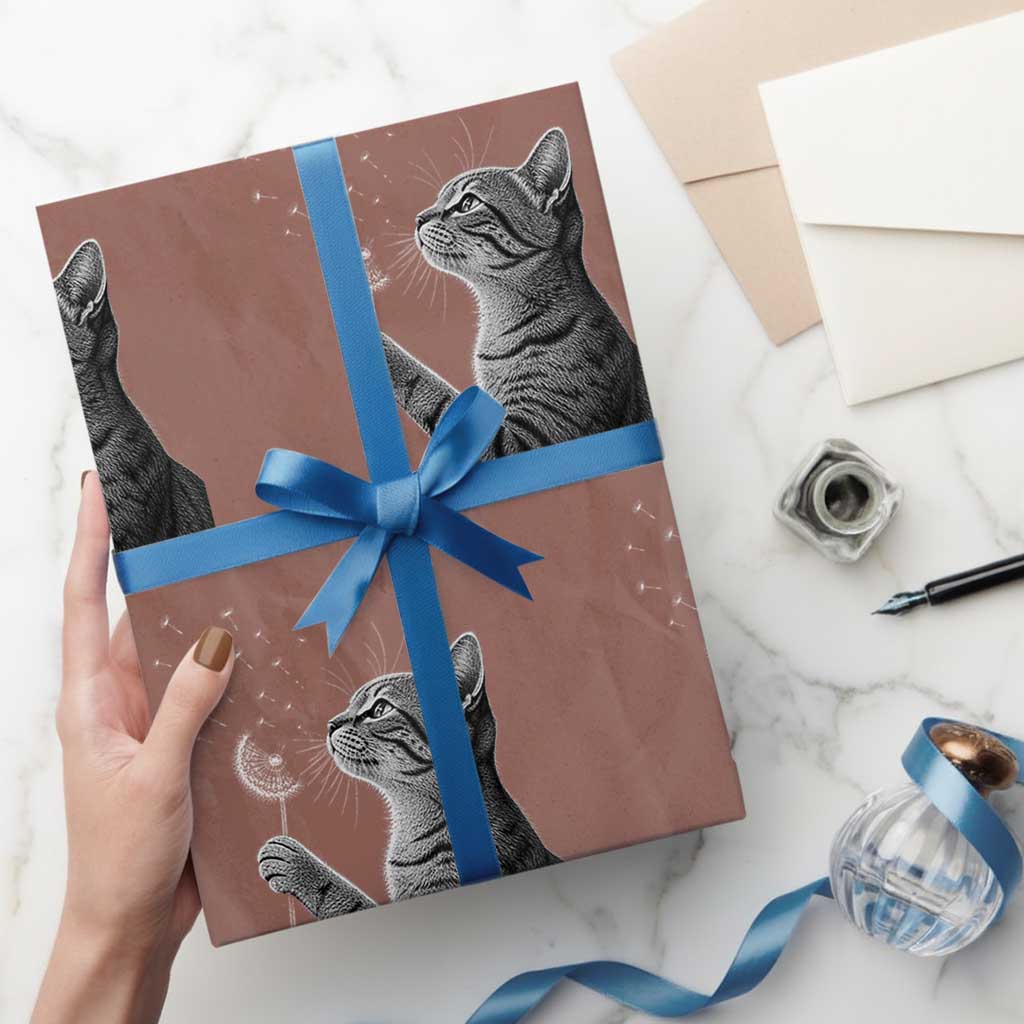 Cat Blowing Dandelion Wrapping Paper Roll Kitten Making A Wish Nature Art TS11 Mocha Print Your Wear