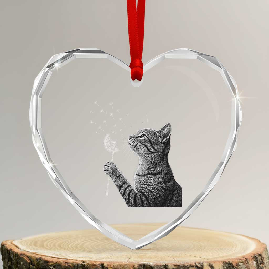 Cat Blowing Dandelion Heart Crystal Glass Ornament Kitten Making A Wish Nature Art TS11 Transparent Glass 3'' Heart Print Your Wear
