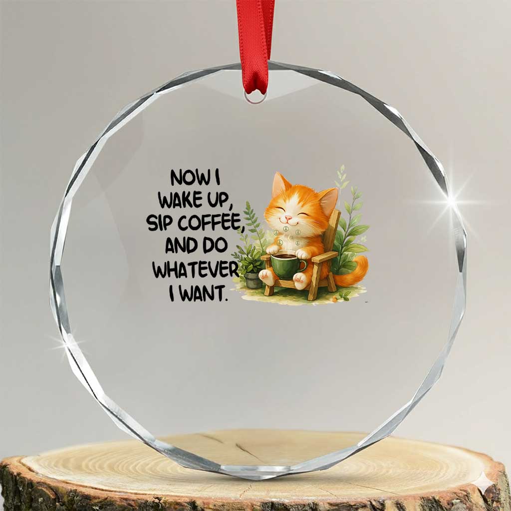 Cat Coffee Lover Crystal Glass Ornament Now I Wake Up Sip Coffee And Do Whatever I Want TS12 Transparent Glass 3'' Circle Print Your Wear