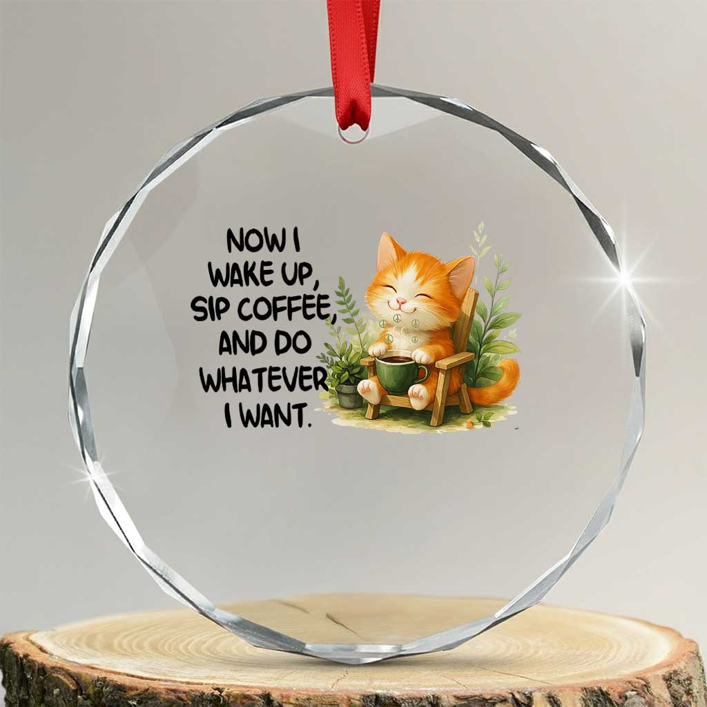 Cat Coffee Lover Crystal Glass Ornament Now I Wake Up Sip Coffee And Do Whatever I Want TS12 Transparent Glass 3'' Circle Print Your Wear