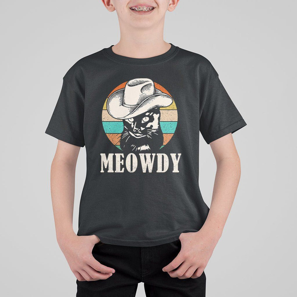 Cat Lover T Shirt For Kid Meowdy Funny Howdy Retro Vintage Cowboy Hat TS11 Black Print Your Wear