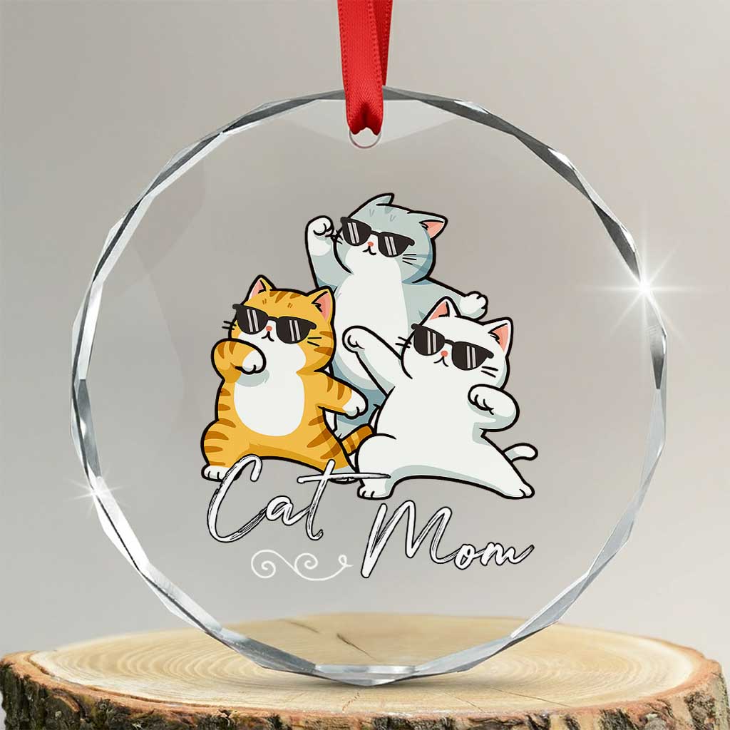 Cat Mom Crystal Glass Ornament Three Cool Cats with Sunglasses TS12 Transparent Glass 3'' Circle Print Your Wear