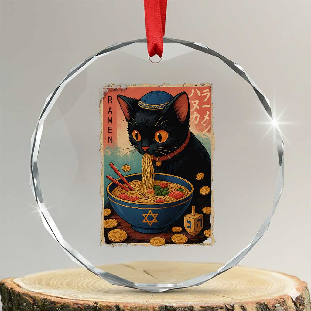 Cat Ramen Hanukkah Crystal Glass Ornament Japanese Kawaii Anime Chanukah Cat TS11 Transparent Glass 3'' Circle Print Your Wear