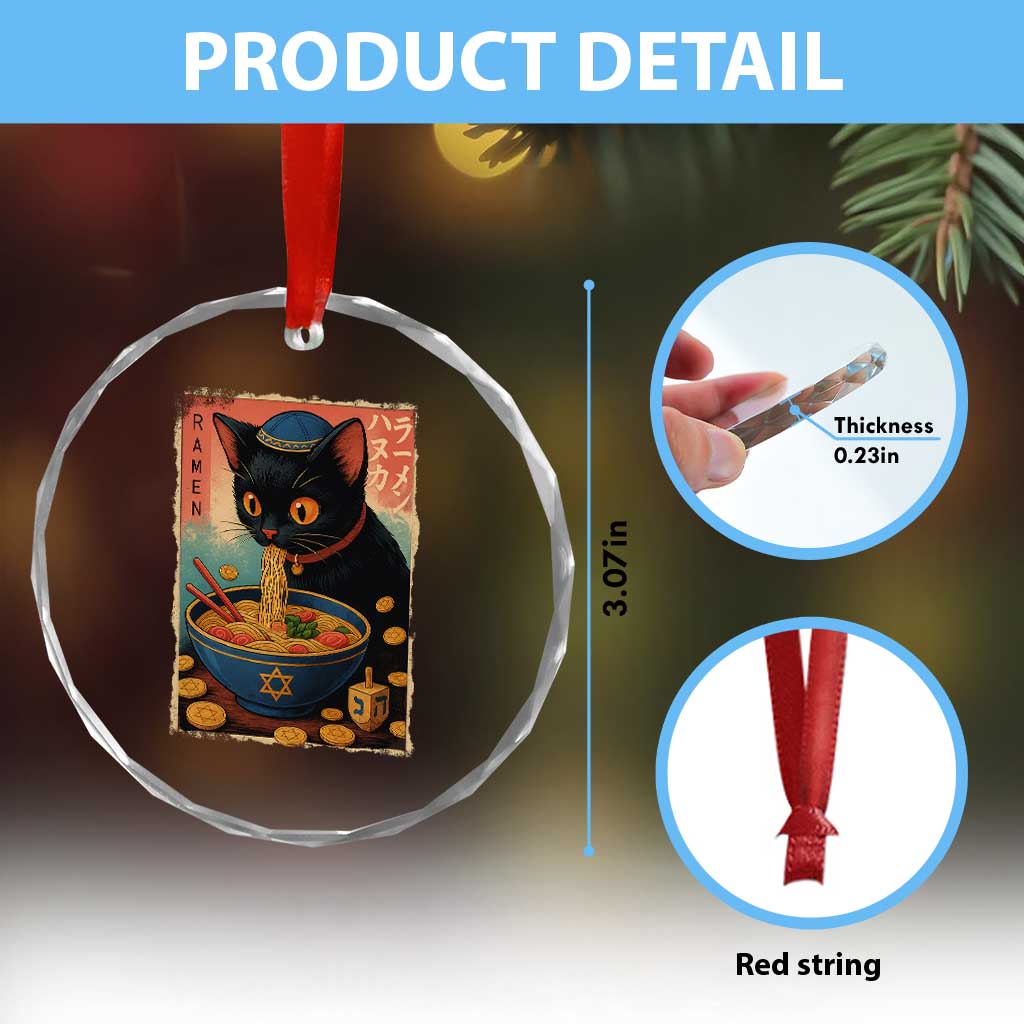 Cat Ramen Hanukkah Crystal Glass Ornament Japanese Kawaii Anime Chanukah Cat TS11 Print Your Wear