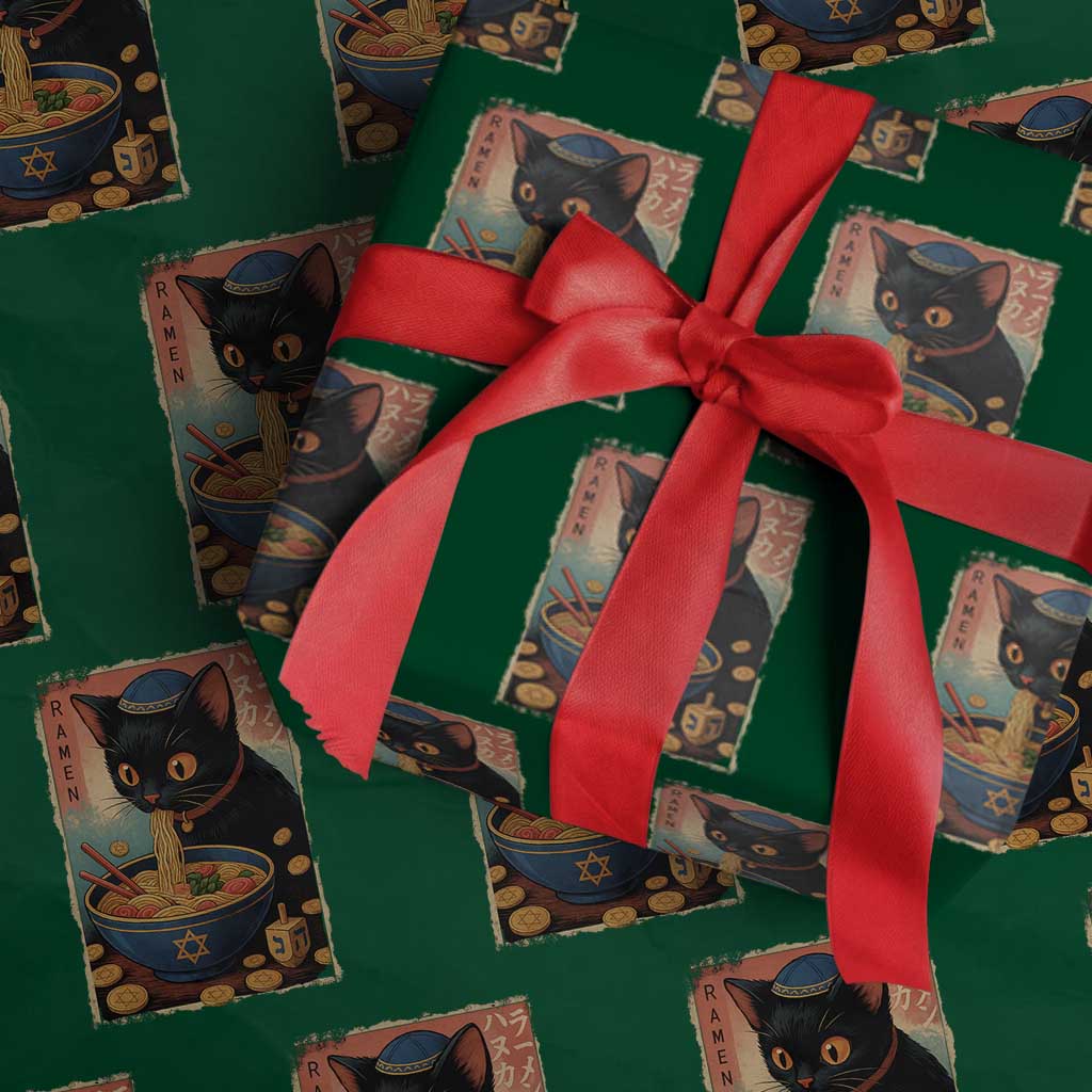 Cat Ramen Hanukkah Wrapping Paper Roll Japanese Kawaii Anime Chanukah Cat TS11 Green Print Your Wear