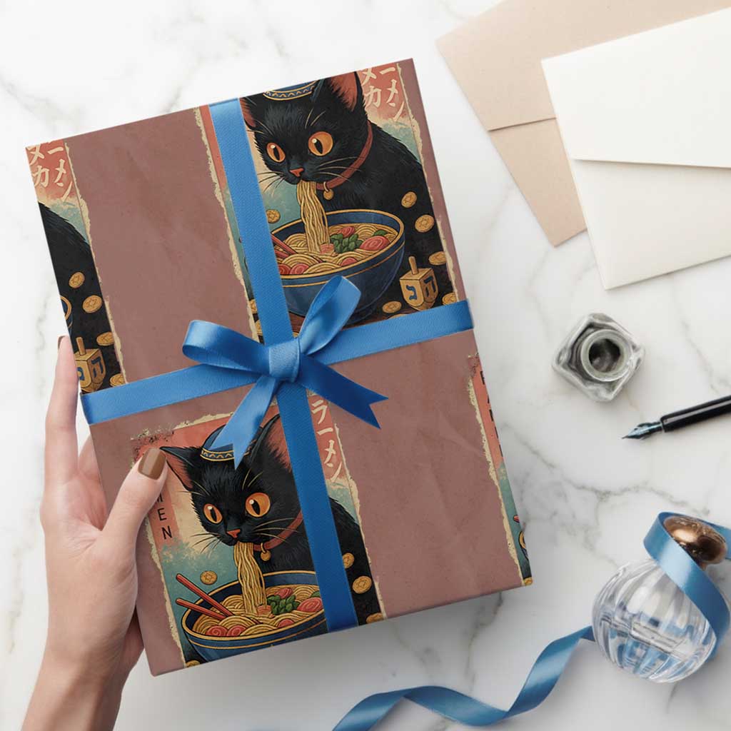 Cat Ramen Hanukkah Wrapping Paper Roll Japanese Kawaii Anime Chanukah Cat TS11 Mocha Print Your Wear