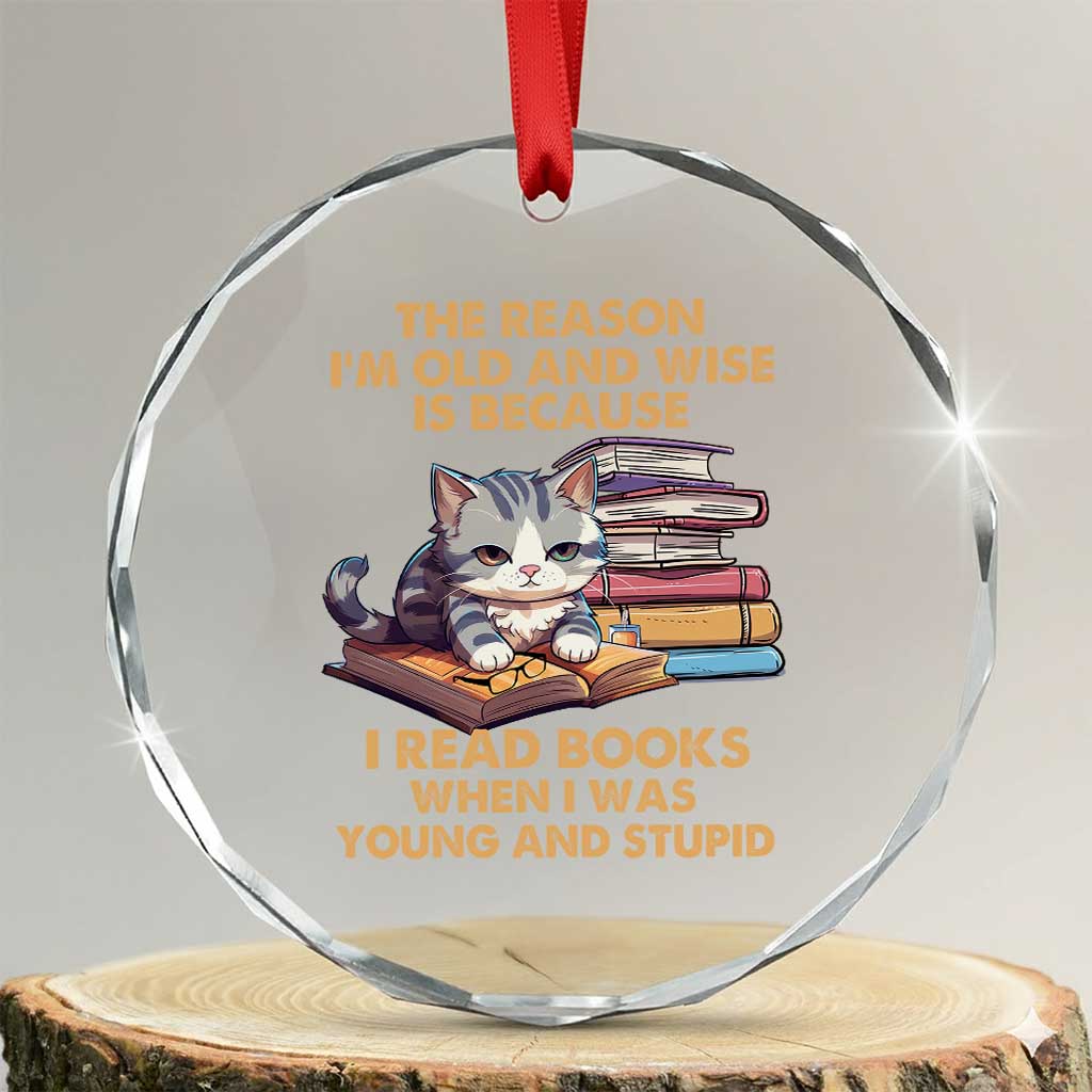 Cat Reading Crystal Glass Ornament I'm Old And Wise Because I Read Books When I Was Young And Stupid Funny Reading Lover TS02 Transparent Glass 3'' Circle Print Your Wear