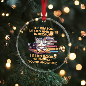 Cat Reading Crystal Glass Ornament I'm Old And Wise Because I Read Books When I Was Young And Stupid Funny Reading Lover - Print Your Wear