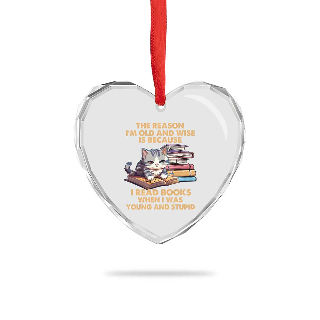 Cat Reading Heart Crystal Glass Ornament I'm Old And Wise Because I Read Books When I Was Young And Stupid Funny Reading Lover TS02 Print Your Wear