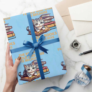 Cat Reading Wrapping Paper Roll I'm Old And Wise Because I Read Books When I Was Young And Stupid Funny Reading Lover TS02 Light Blue Print Your Wear