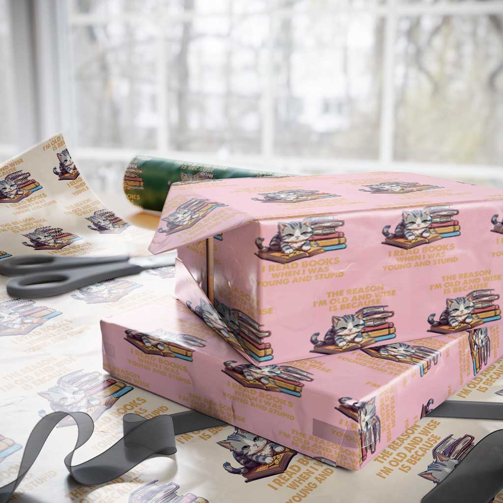 Cat Reading Wrapping Paper Roll I'm Old And Wise Because I Read Books When I Was Young And Stupid Funny Reading Lover TS02 Light Pink Print Your Wear