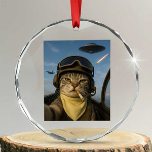 Cat Selfie With Alien UFO Crystal Glass Ornament Retro Space Sci-Fi Cat Pilot TS10 Transparent Glass 3'' Circle Print Your Wear