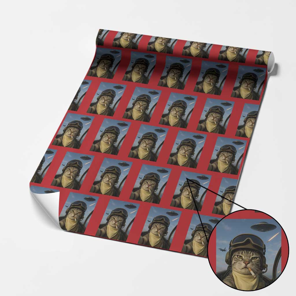Cat Selfie With Alien UFO Wrapping Paper Roll Retro Space Sci-Fi Cat Pilot TS10 Red Print Your Wear