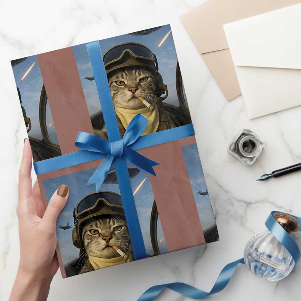 Cat Selfie With Alien UFO Wrapping Paper Roll Retro Space Sci-Fi Cat Pilot TS10 Mocha Print Your Wear