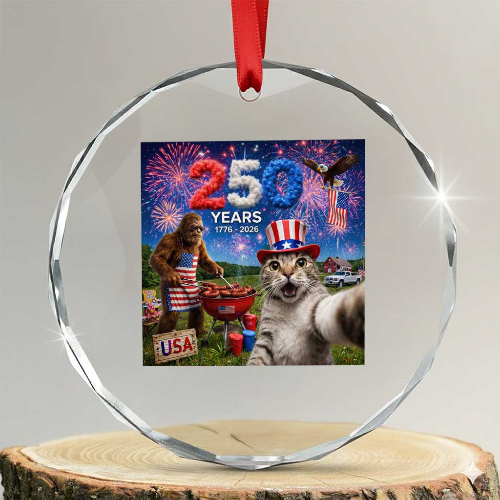 Cat Selfie with Bigfoot USA 250 Years Crystal Glass Ornament Funny 4th Of July Cat Graphic TS11 Transparent Glass 3'' Circle Print Your Wear