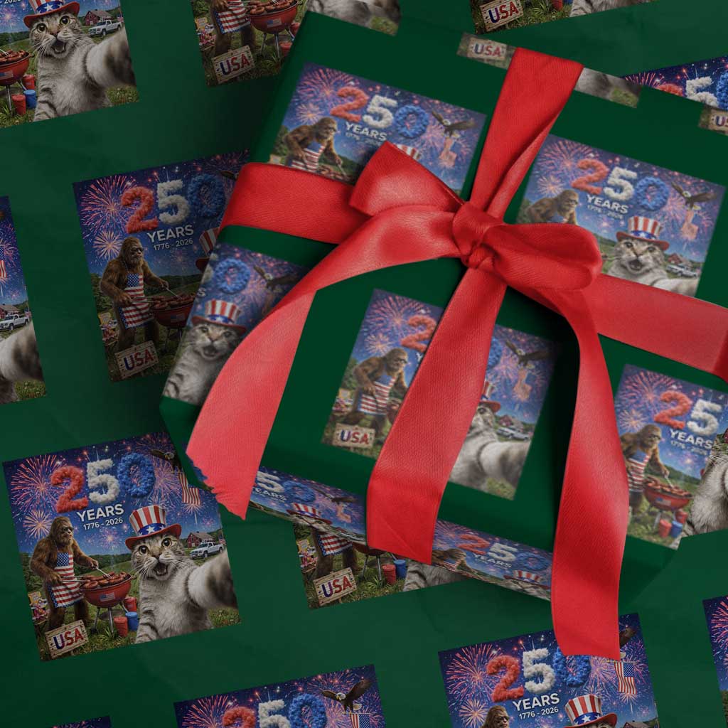 Cat Selfie with Bigfoot USA 250 Years Wrapping Paper Roll Funny 4th Of July Cat Graphic TS11 Green Print Your Wear