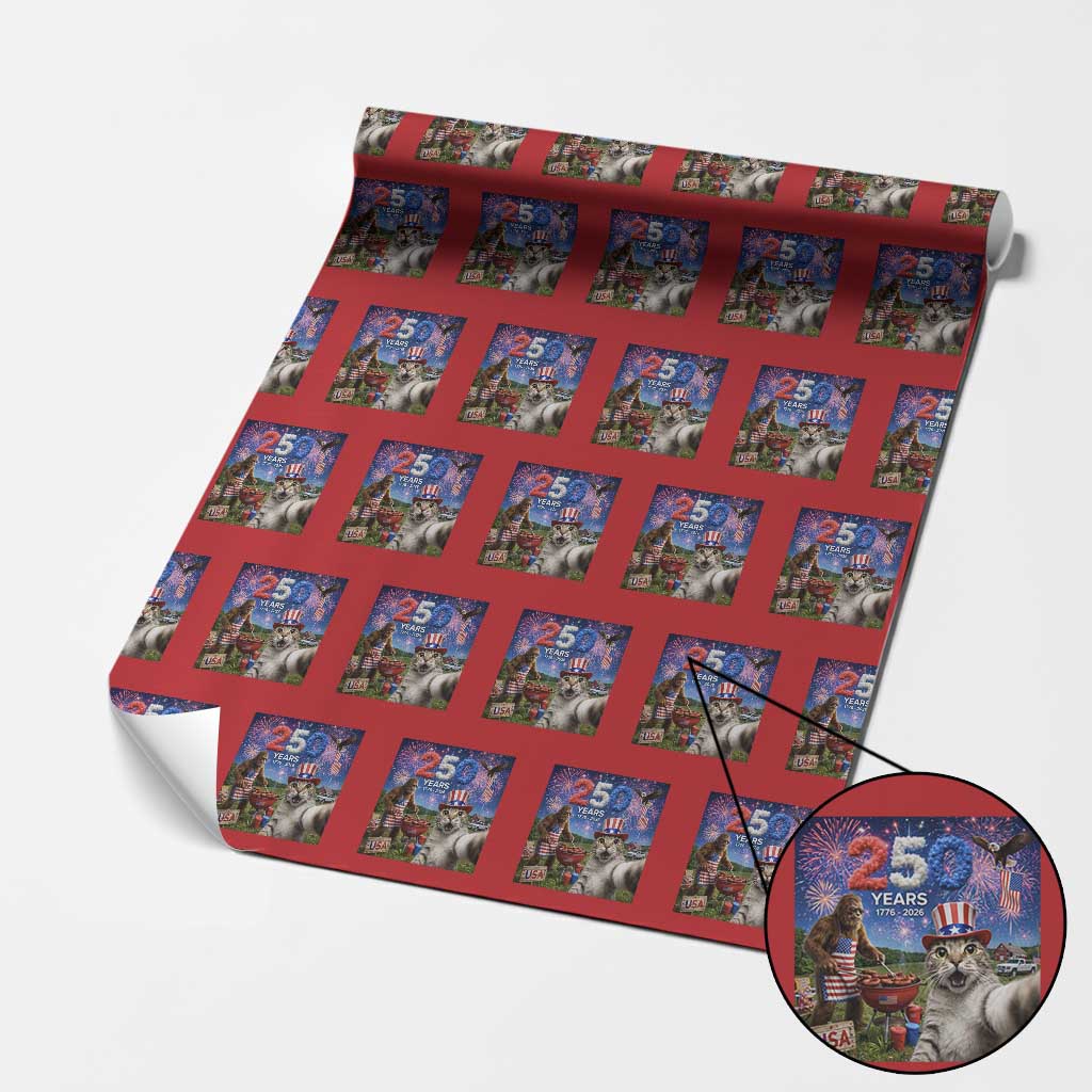 Cat Selfie with Bigfoot USA 250 Years Wrapping Paper Roll Funny 4th Of July Cat Graphic TS11 Red Print Your Wear