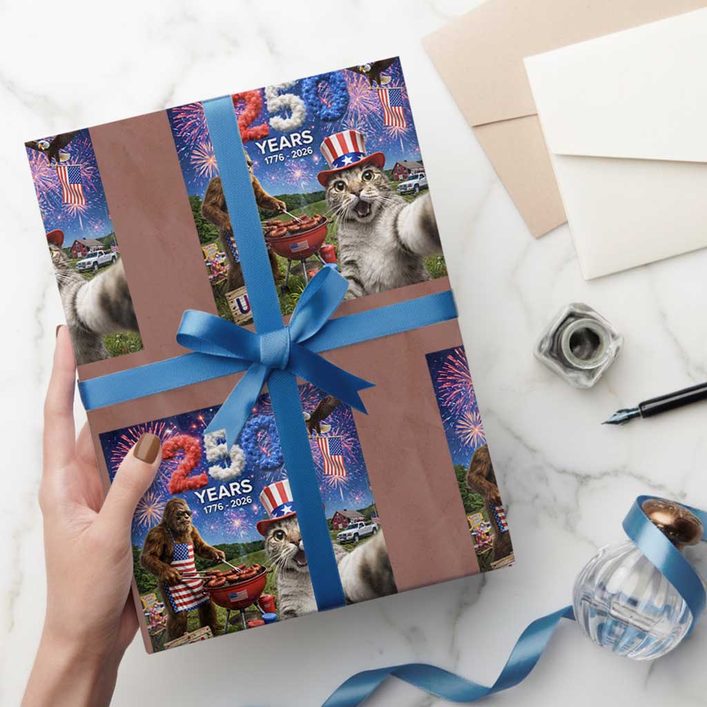 Cat Selfie with Bigfoot USA 250 Years Wrapping Paper Roll Funny 4th Of July Cat Graphic TS11 Mocha Print Your Wear