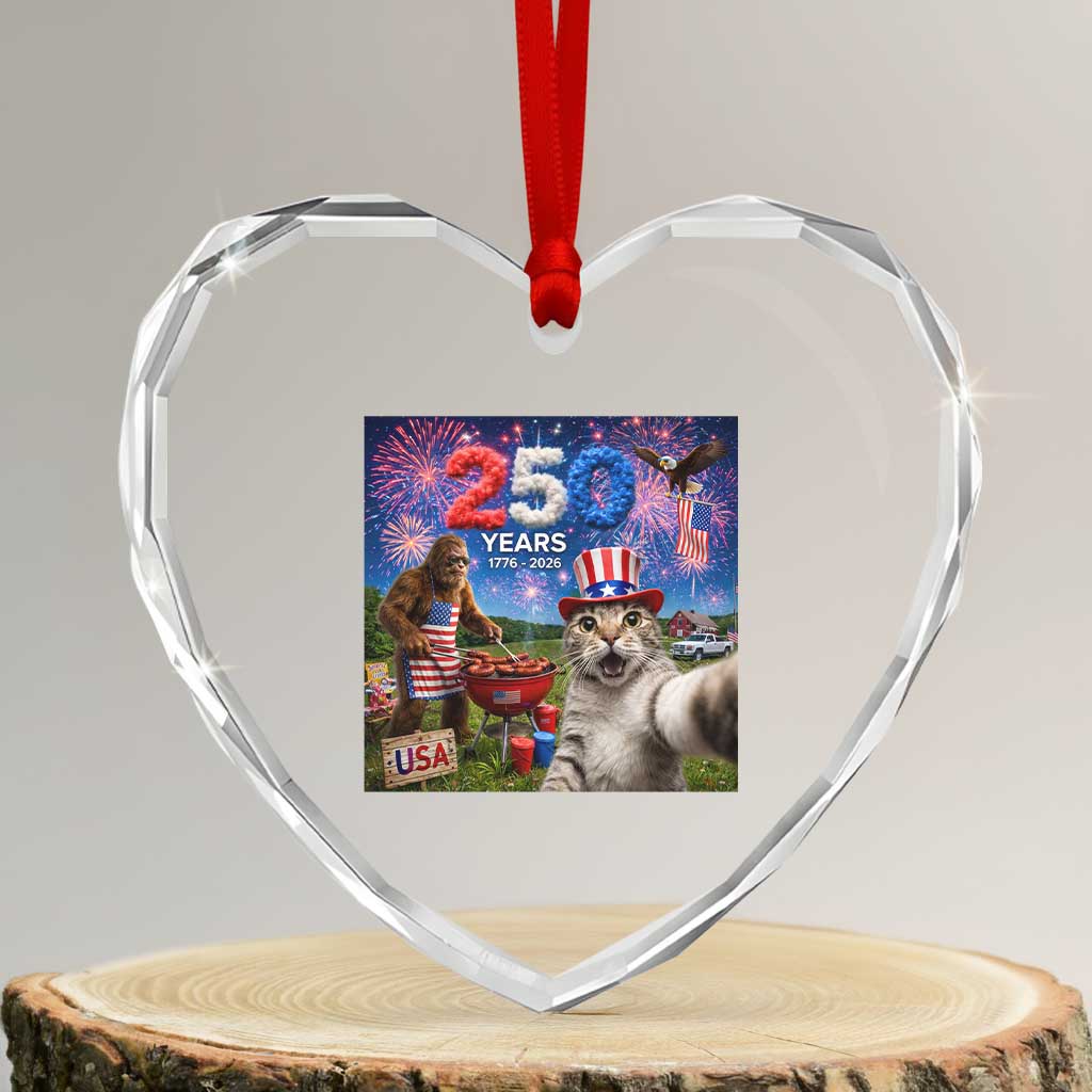 Cat Selfie with Bigfoot USA 250 Years Heart Crystal Glass Ornament Funny 4th Of July Cat Graphic TS11 Transparent Glass 3'' Heart Print Your Wear