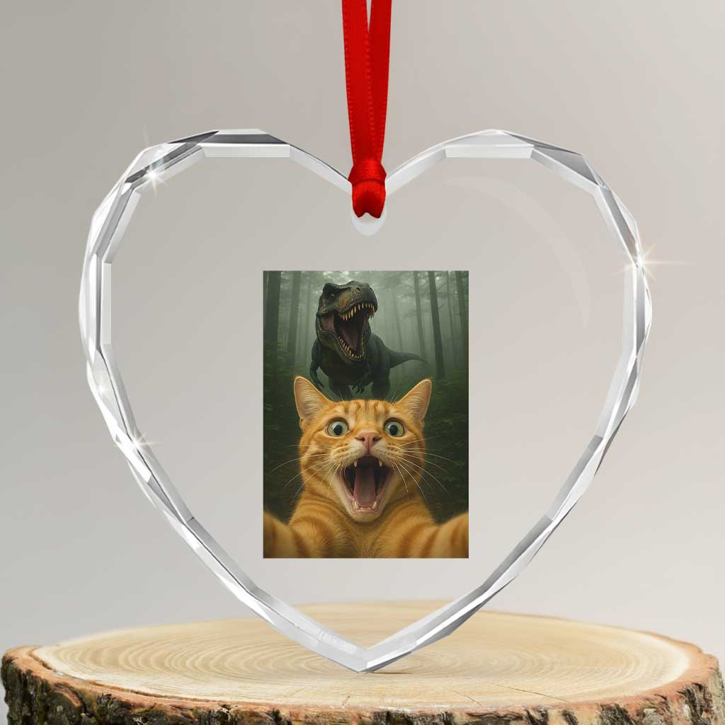 Cat Selfie With Dinosaur Heart Crystal Glass Ornament Funny Cat Gifts TS10 Transparent Glass 3'' Heart Print Your Wear