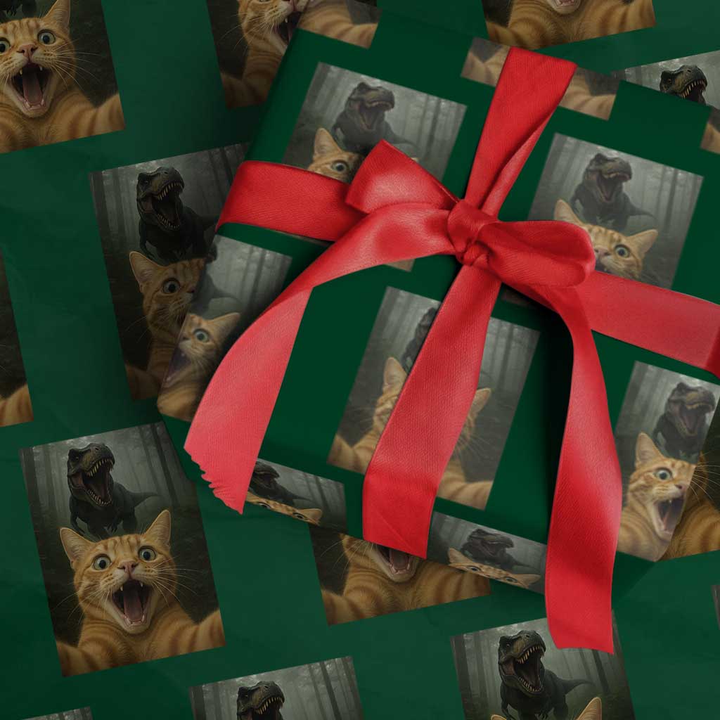 Cat Selfie With Dinosaur Wrapping Paper Roll Funny Cat Gifts TS10 Green Print Your Wear