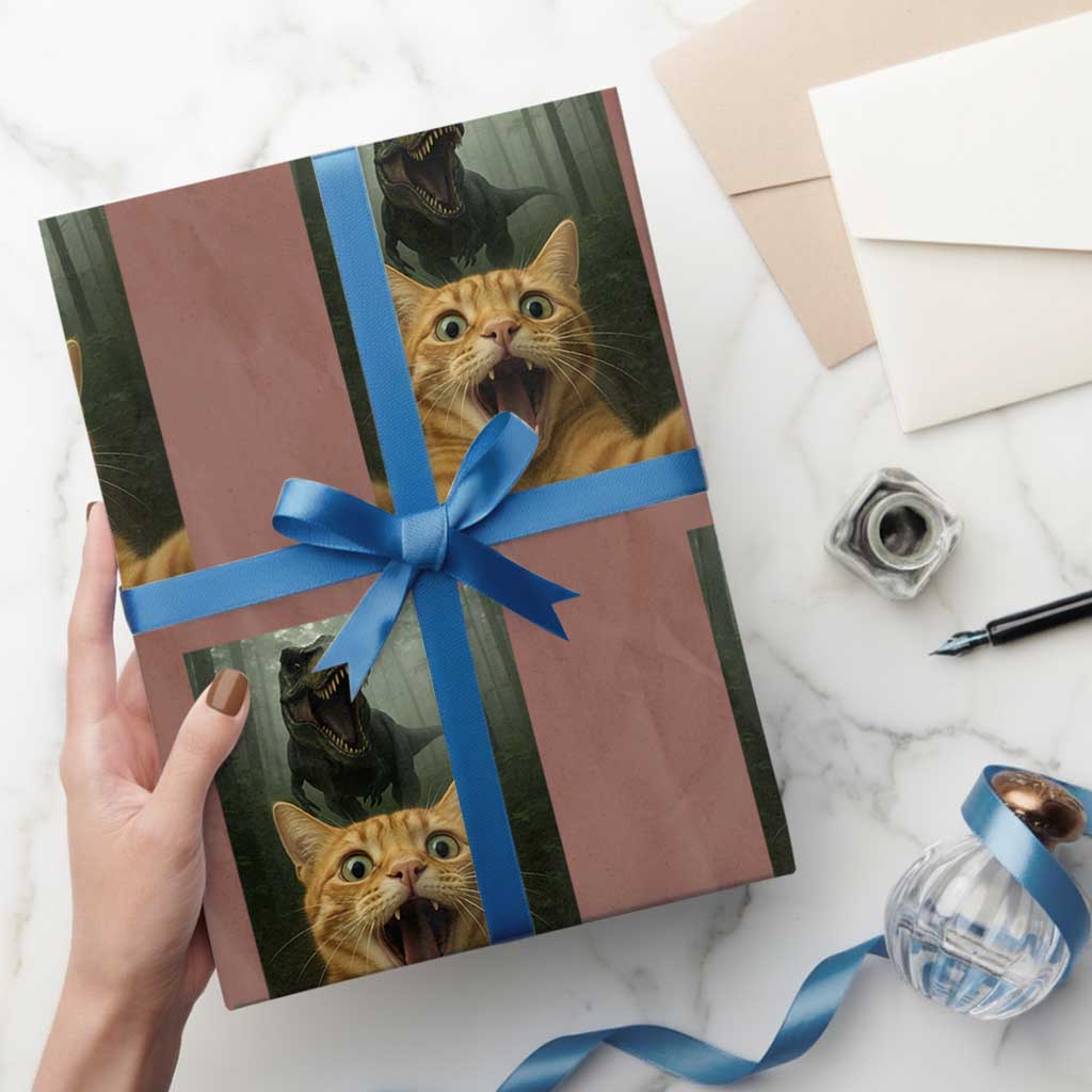 Cat Selfie With Dinosaur Wrapping Paper Roll Funny Cat Gifts TS10 Mocha Print Your Wear