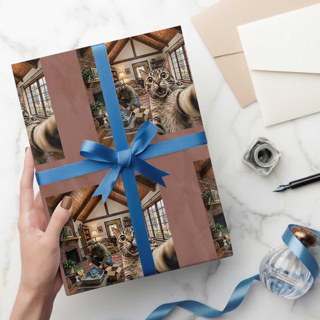Cat Selfie with Man Funny Cat Dad Wrapping Paper Roll TS11 Mocha Print Your Wear